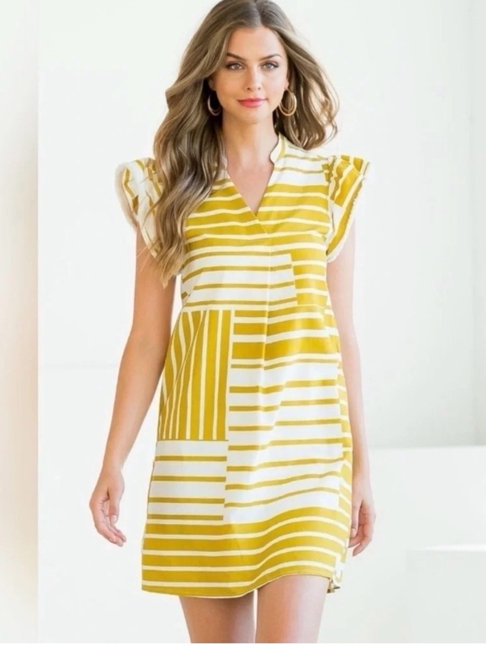 Laurel Grey Striped V-Neck Mini Dress in Mustard and White